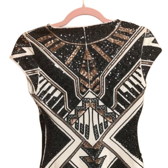 Express Geometric Sequin Bodycon Mini Dress Black White Gold Party/Cocktail XS - Picture 5 of 8